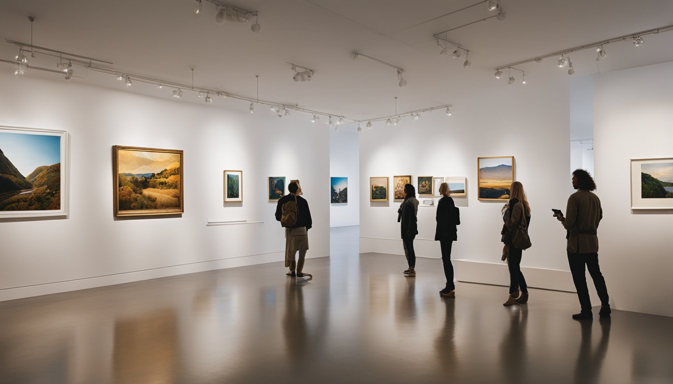 A bustling art gallery with diverse artworks displayed on white walls, visitors admiring paintings and sculptures, natural light streaming in through large windows