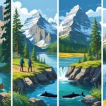 Four scenes showing people enjoying nature in Canada: canoeing on a lake in a forest, hiking in snowy mountains, whale watching on rocky cliffs by the coast, and birdwatching on a prairie near a pond.
