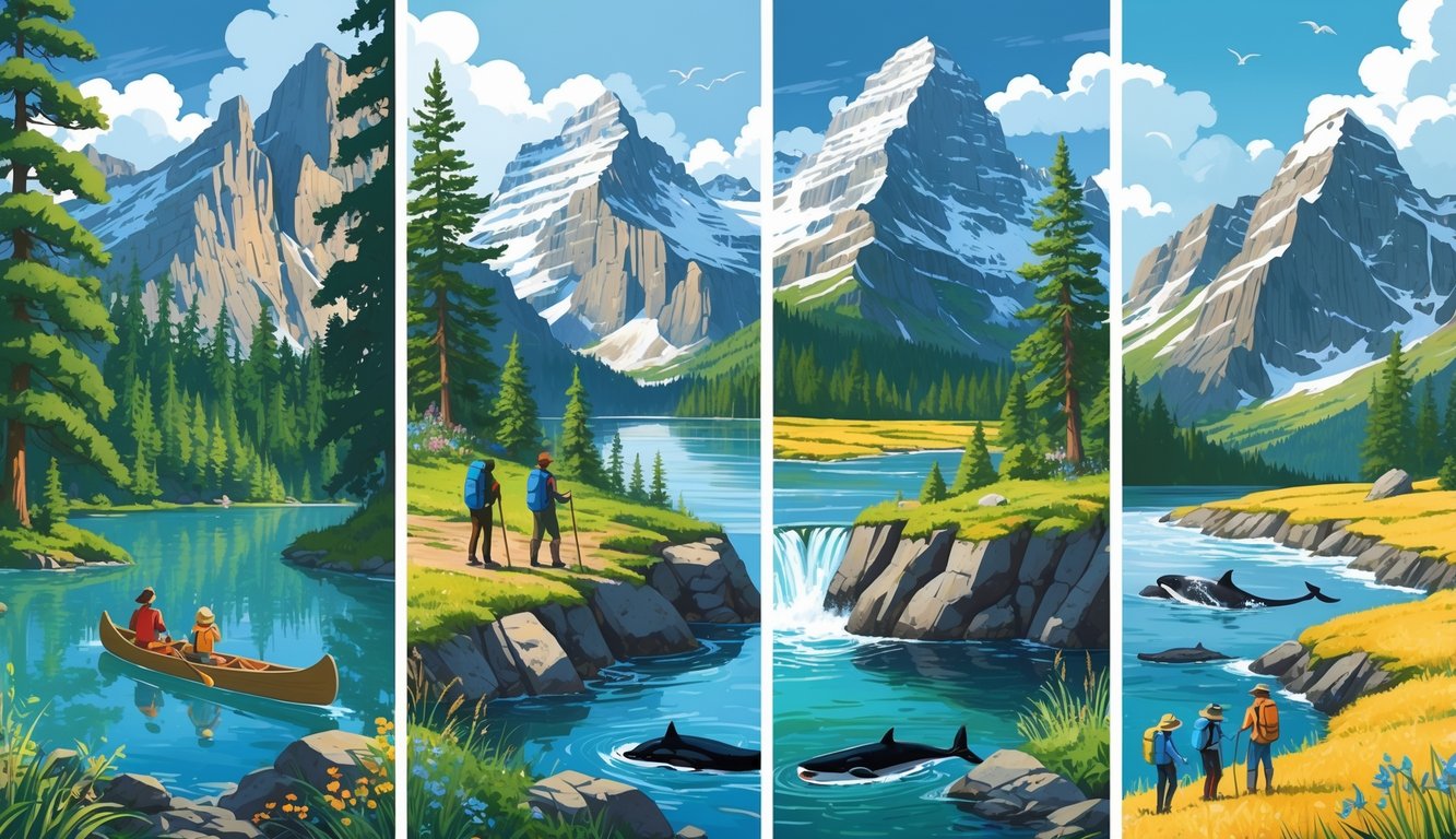 Four scenes showing people enjoying nature in Canada: canoeing on a lake in a forest, hiking in snowy mountains, whale watching on rocky cliffs by the coast, and birdwatching on a prairie near a pond.