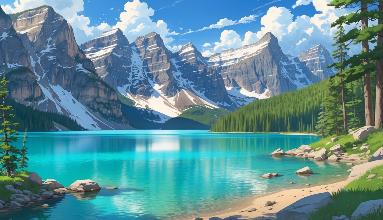 A clear turquoise lake surrounded by tall mountains and green pine trees under a blue sky with clouds.