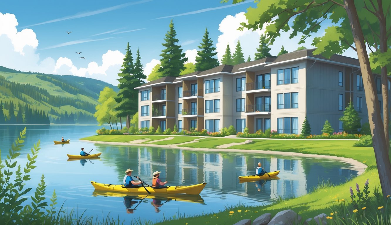 Lakeside suites surrounded by trees and hills with people kayaking, hiking, and birdwatching near a calm lake.