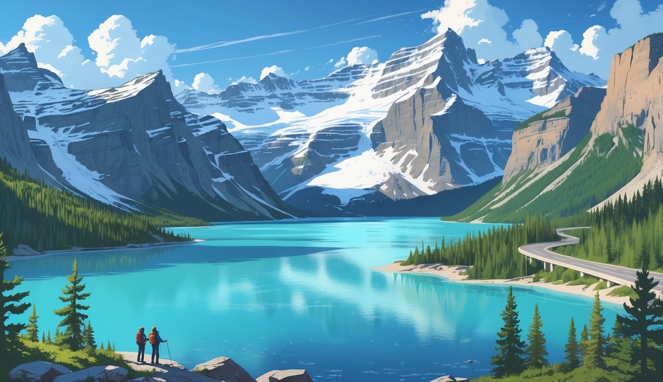 A turquoise glacial lake surrounded by snow-capped mountains and evergreen forests with a winding road and hikers nearby.