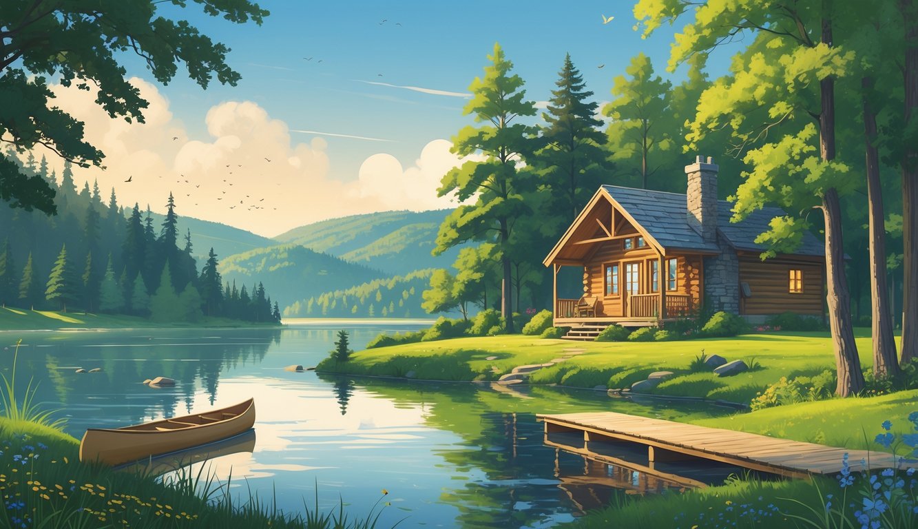 A rustic cabin surrounded by trees and wildflowers near a calm lake with rolling hills and forests in the background, with a wooden dock and canoe by the water.