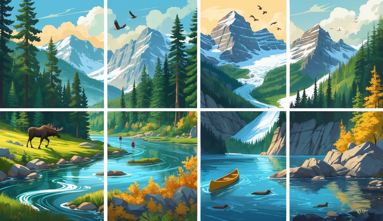 A detailed scene showing four Canadian nature landscapes: a forest with a river and moose, mountains with hikers, a lake with a canoe and autumn trees, and a rocky coastline with waves and a lighthouse.