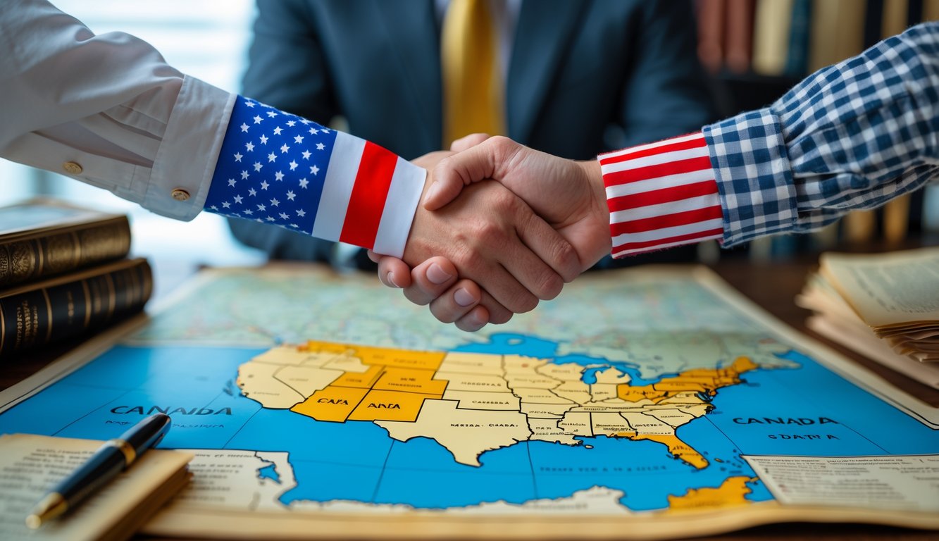 Two hands wearing Canadian and American flag wristbands shaking over a detailed map of Canada and the United States on a table with political documents and books in the background.