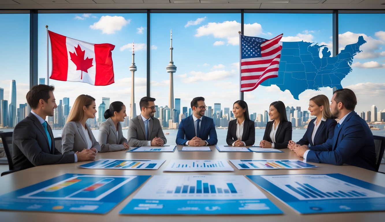 A diverse group of people from Canada and the United States discussing around a conference table with a city skyline showing landmarks from both countries in the background.