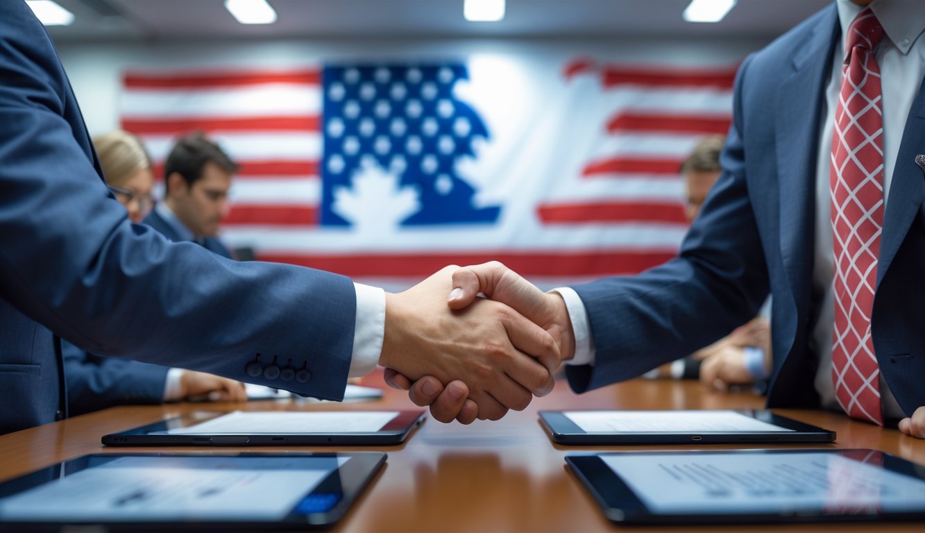 Two people in suits shaking hands with blended Canadian and American flags in the background in a modern conference room.