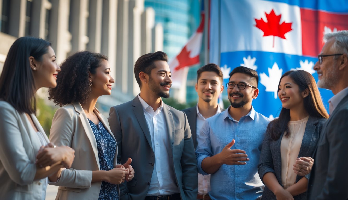 A diverse group of people standing together outdoors, engaged in a thoughtful conversation with subtle Canadian and American cultural elements in the background.