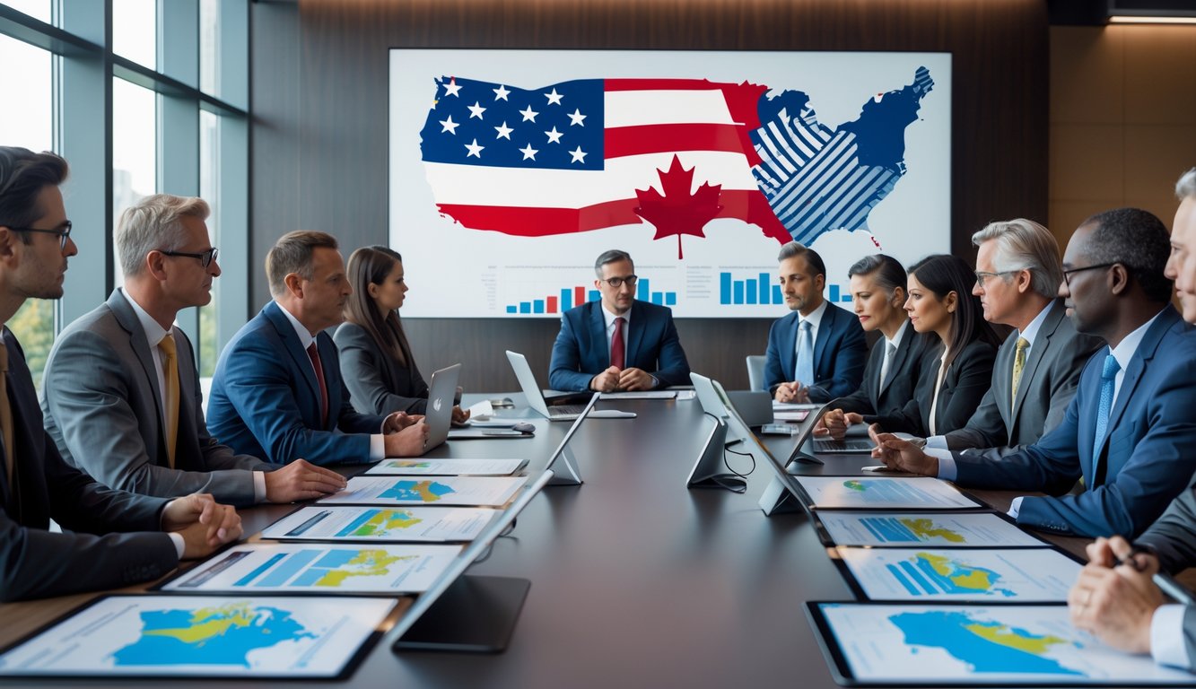 A group of business professionals in a conference room discussing maps and documents related to Canada and the United States.