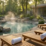 Outdoor thermal spa pool surrounded by rocks and greenery with steam rising from the water and lounge chairs nearby.