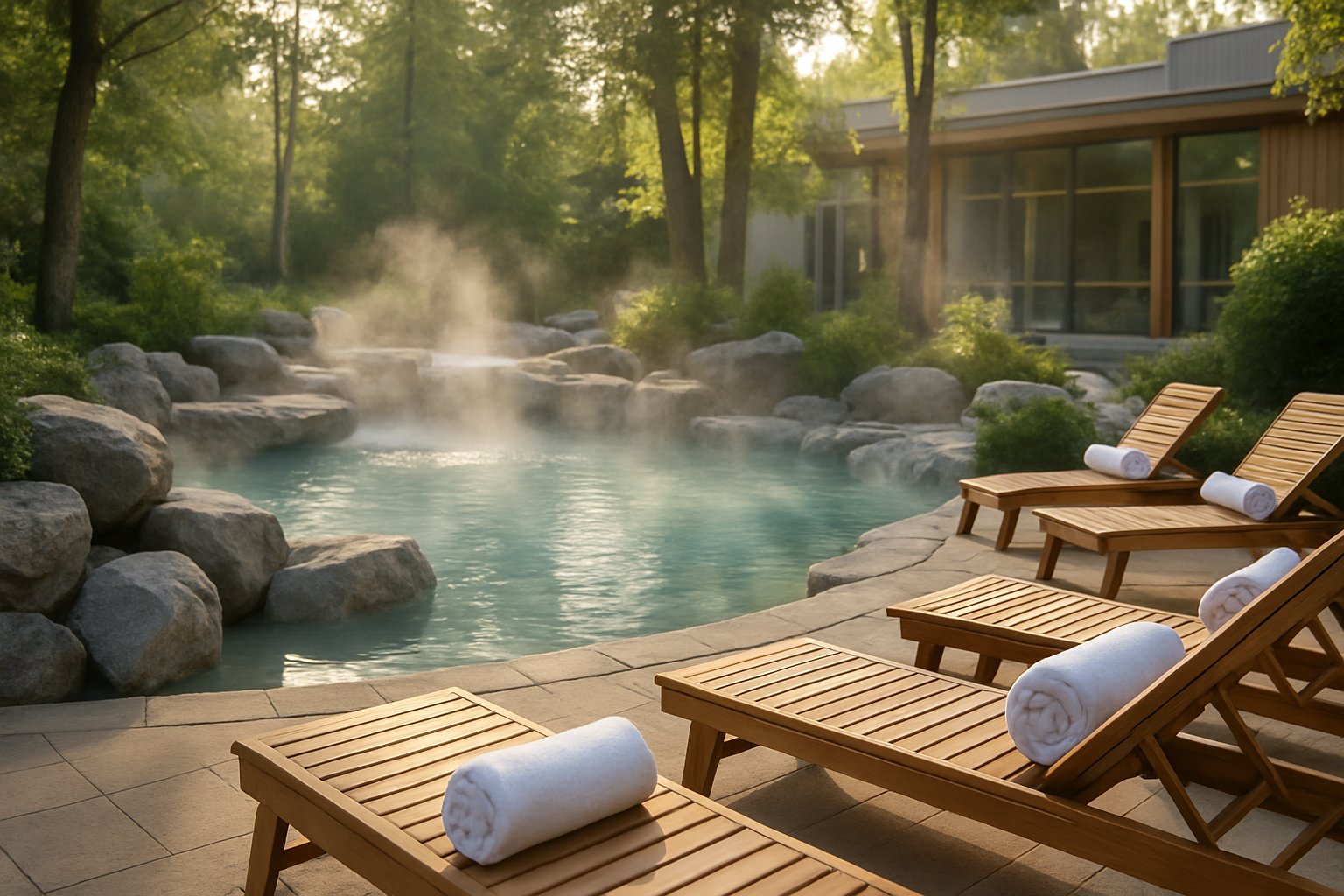 Outdoor thermal spa pool surrounded by rocks and greenery with steam rising from the water and lounge chairs nearby.