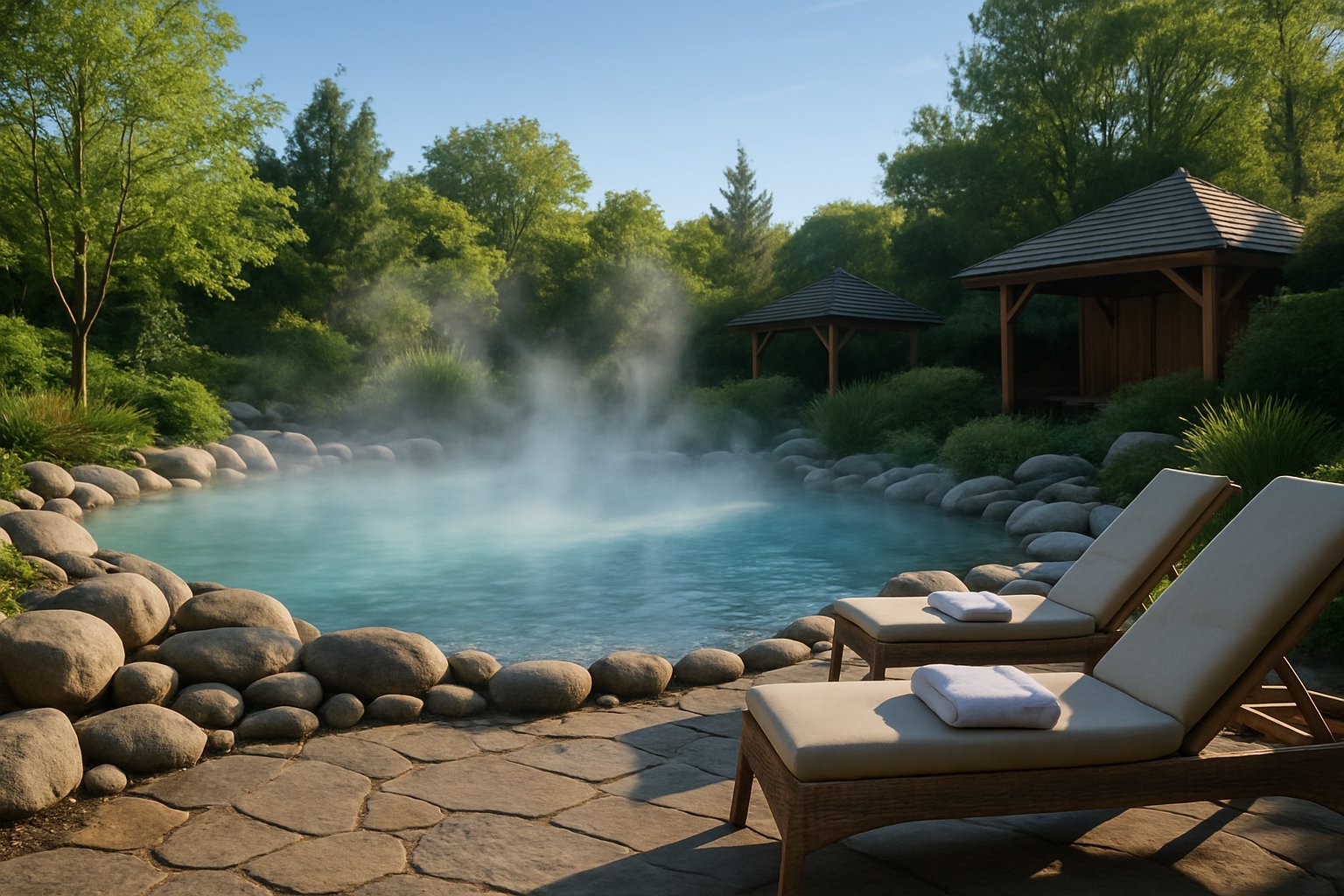 A peaceful thermal spa with a steaming hot spring pool surrounded by stones and greenery, lounge chairs nearby, and wooden cabanas in the background.