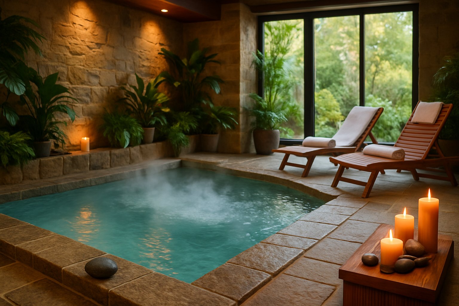 A peaceful indoor thermal spa with a steaming pool, stone tiles, plants, lounge chairs with towels, and large windows showing a garden outside.