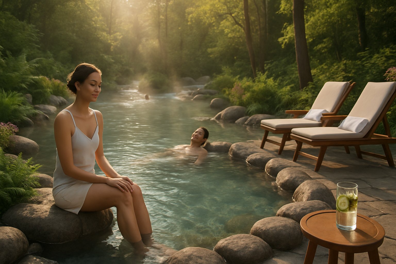 A peaceful thermal spa with people relaxing in a natural hot spring surrounded by greenery and sunlight.