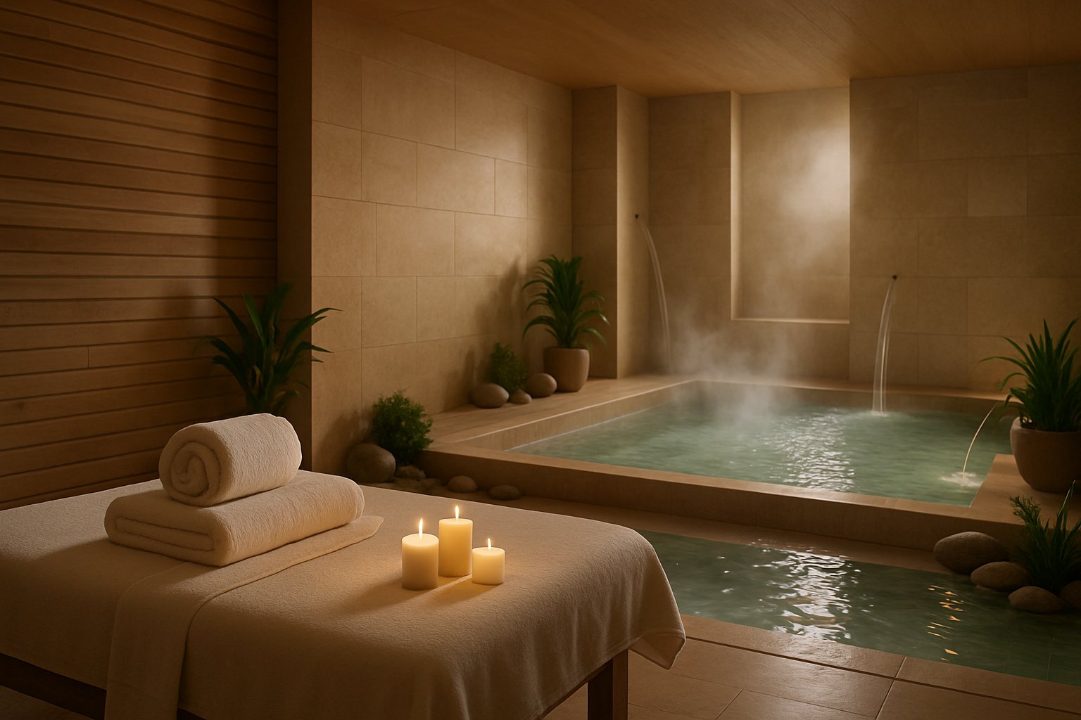 A peaceful thermal spa room with a massage table, a steaming thermal pool, plants, and soft natural lighting.