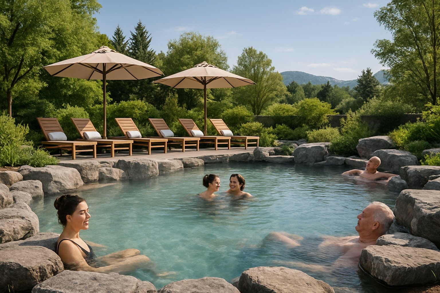 Outdoor thermal spa with people relaxing in a hot spring pool surrounded by greenery and lounge chairs.