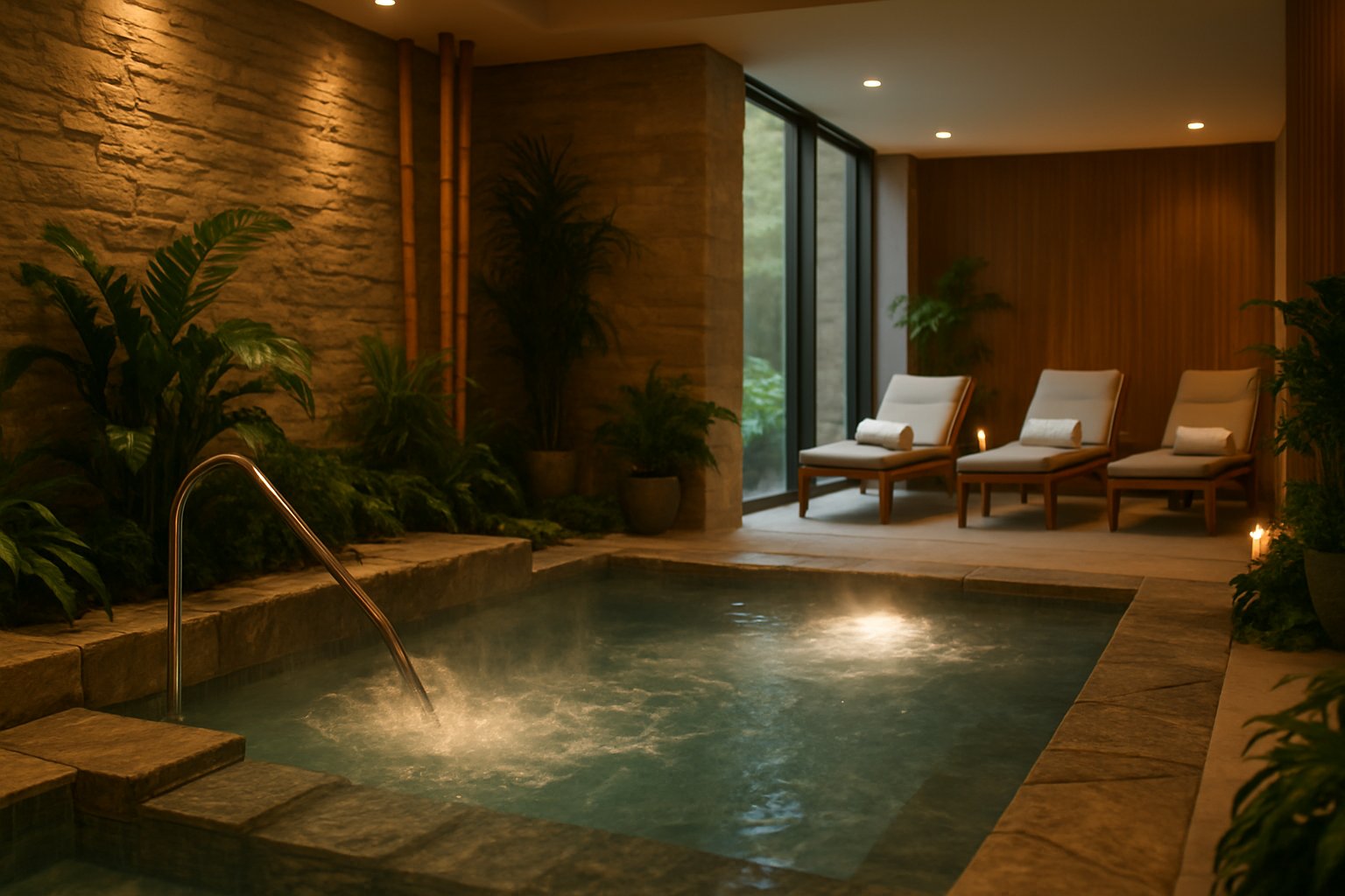 Indoor thermal spa pool with steam, surrounded by plants, lounge chairs, and soft lighting.