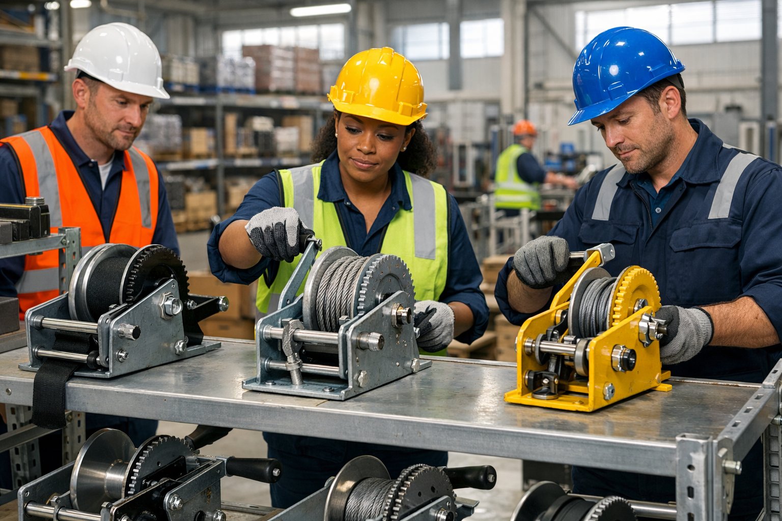 Workers in safety gear inspecting hand winches displayed on metal shelves inside a bright industrial warehouse.