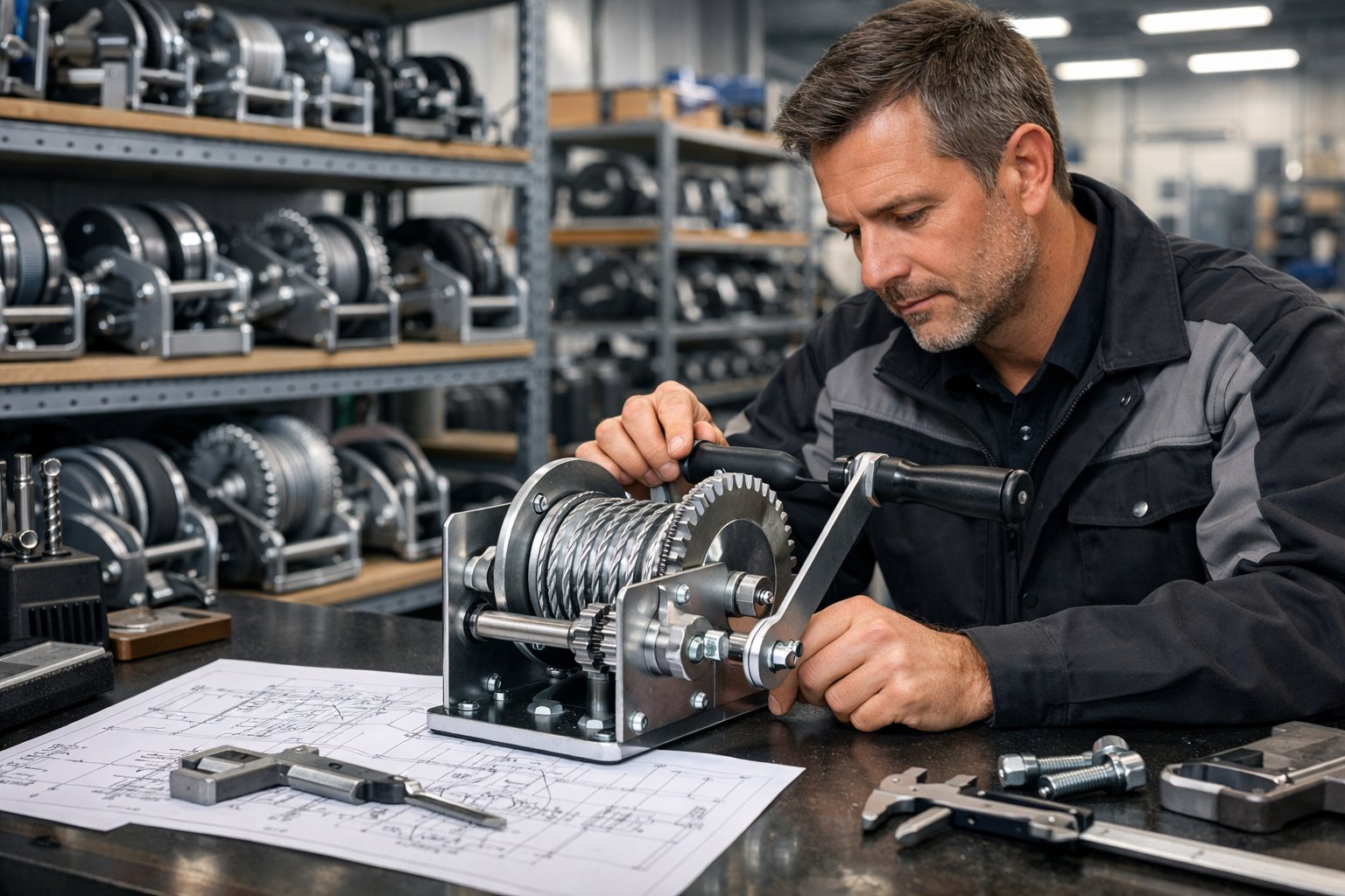 An engineer inspecting a hand winch in a clean industrial workshop with tools and equipment around.
