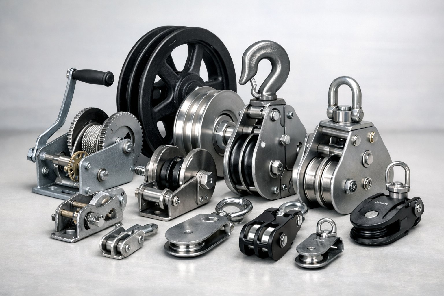Various hand winches, sheaves, blocks, and pulleys arranged on a clean surface.