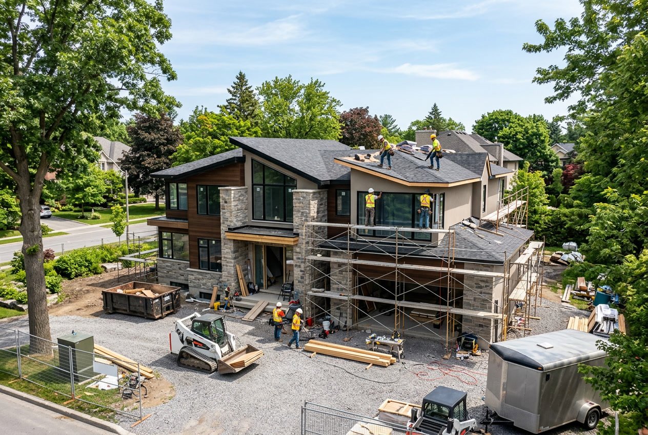 Modern luxury home exterior in Ottawa with landscaped yard and large windows