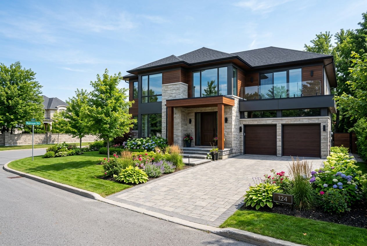 A large custom-built house with stone and wood exterior, surrounded by a landscaped yard and clear sky.
