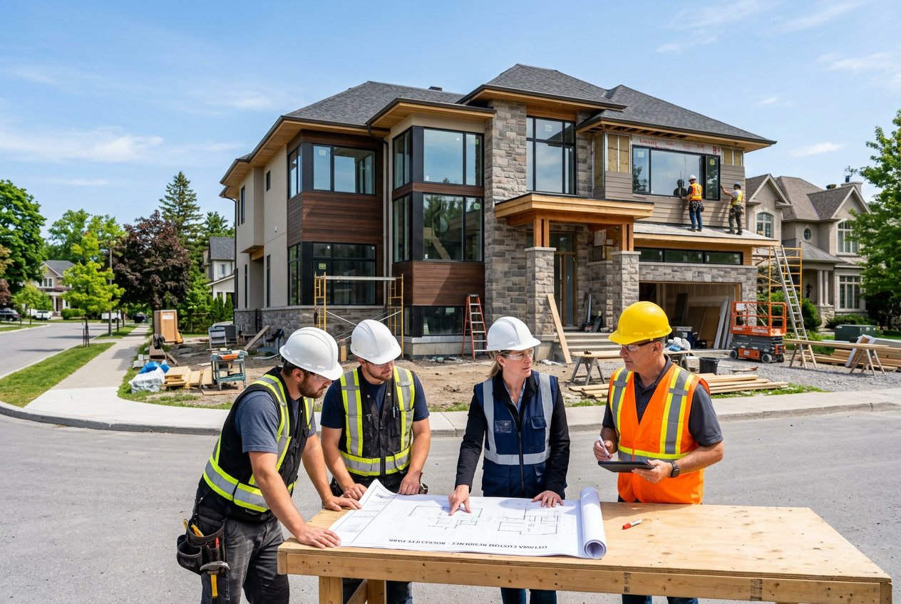 Builders and architects reviewing plans at a luxury home construction site in a suburban neighborhood.