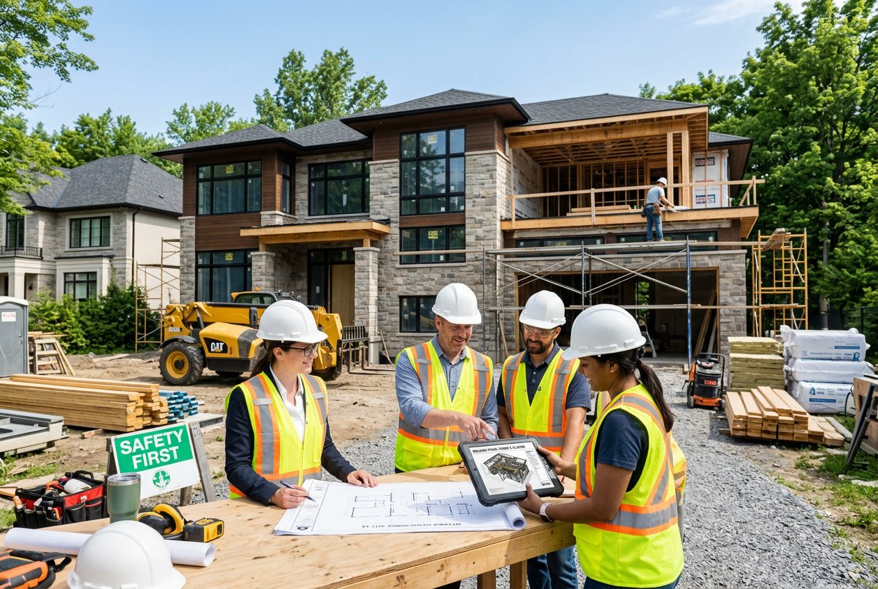 Construction workers and architects collaborating at a luxury home building site in Ottawa with a partially built elegant house in the background.