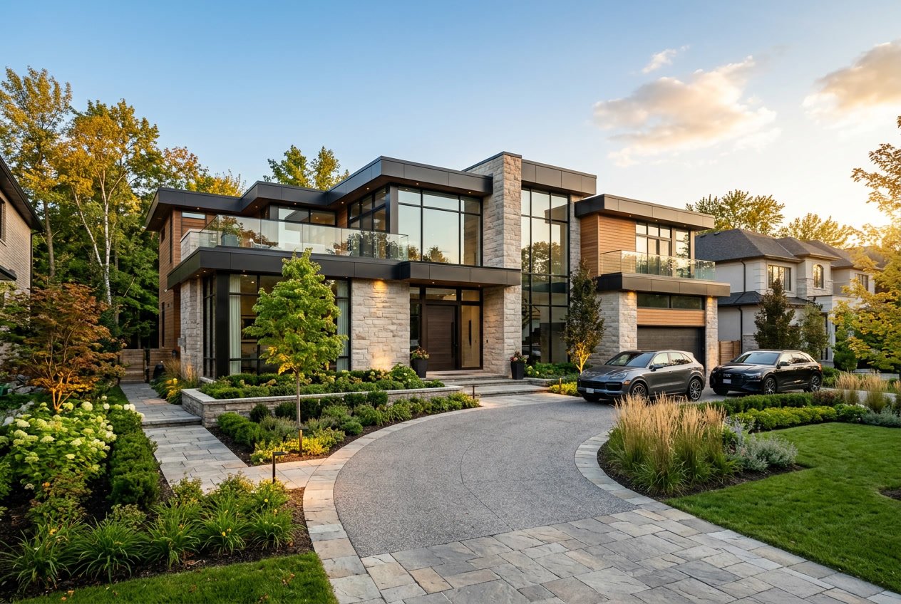 Exterior view of a large luxury custom home with modern design, surrounded by landscaped gardens and clear skies.