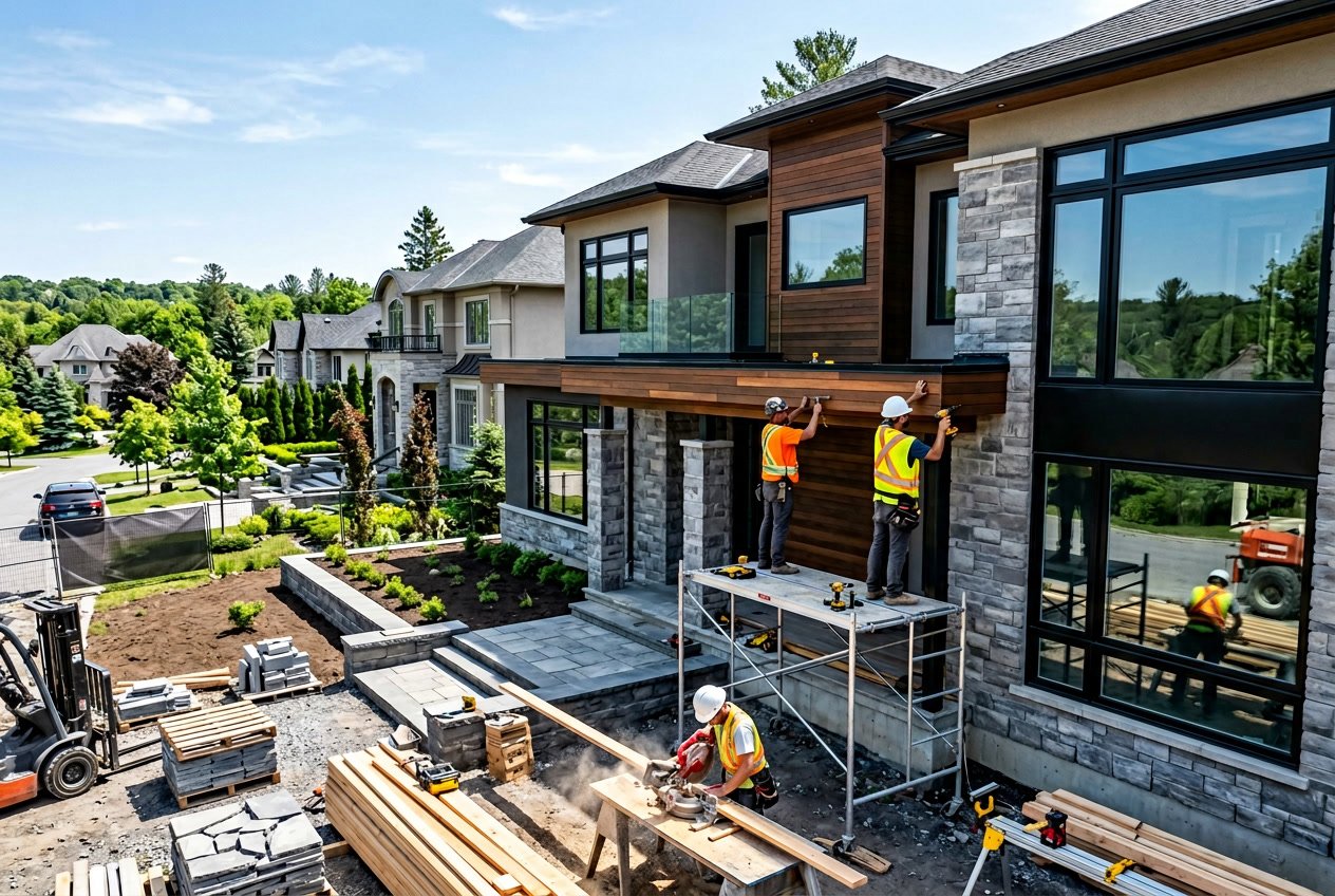 Skilled workers renovating a luxury custom home with a modern exterior in a suburban neighborhood.