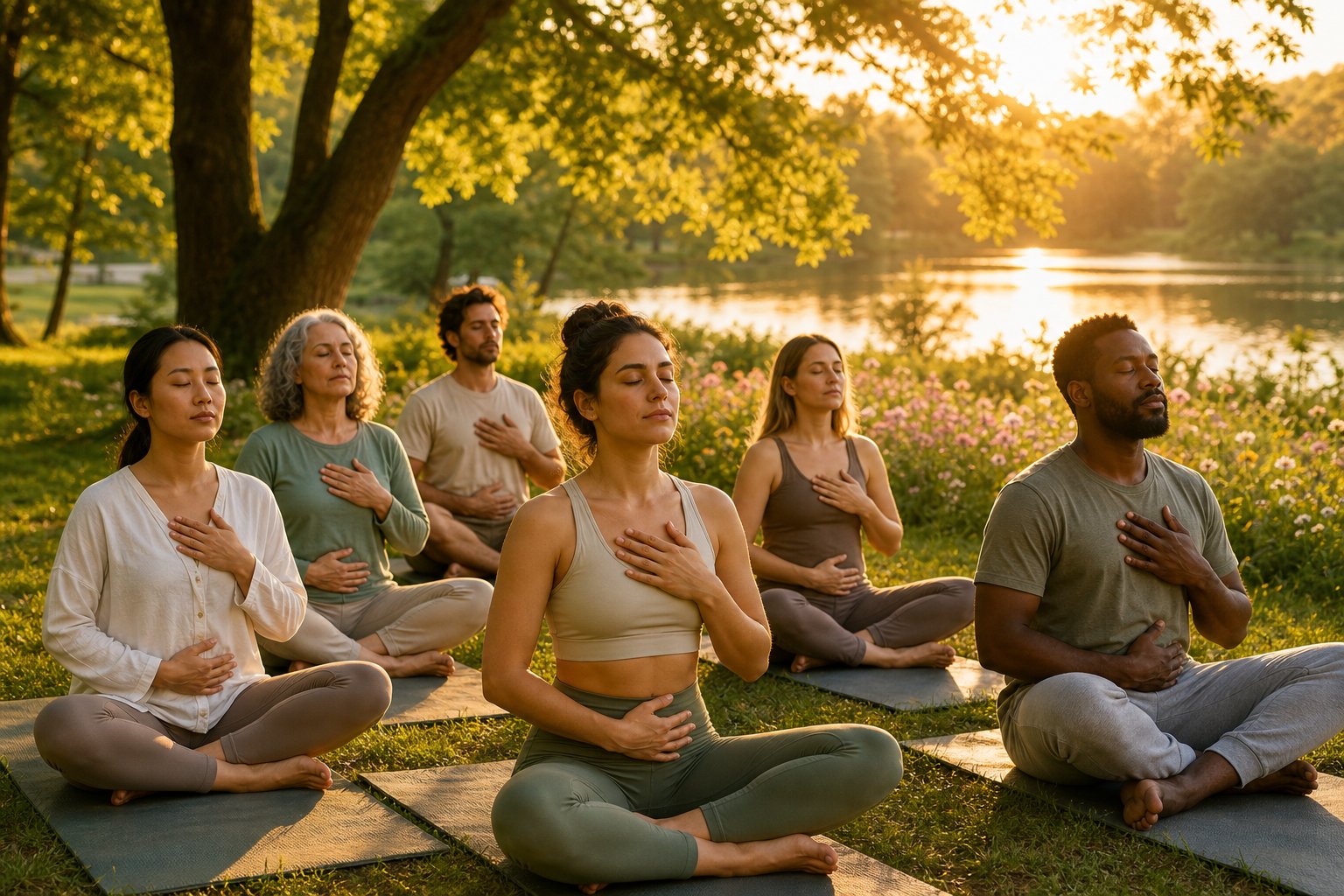 A group of people sitting outdoors in a park with eyes closed, practicing deep breathing exercises surrounded by trees and a calm lake.