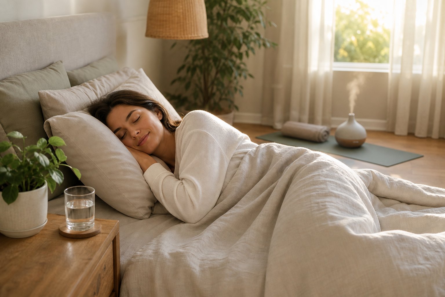 A person peacefully sleeping in a softly lit bedroom with natural morning light and wellness items nearby.