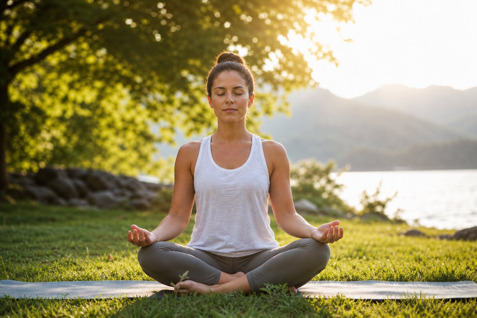A person sitting cross-legged outdoors with eyes closed, practicing breathwork in a peaceful natural setting surrounded by trees and soft sunlight.