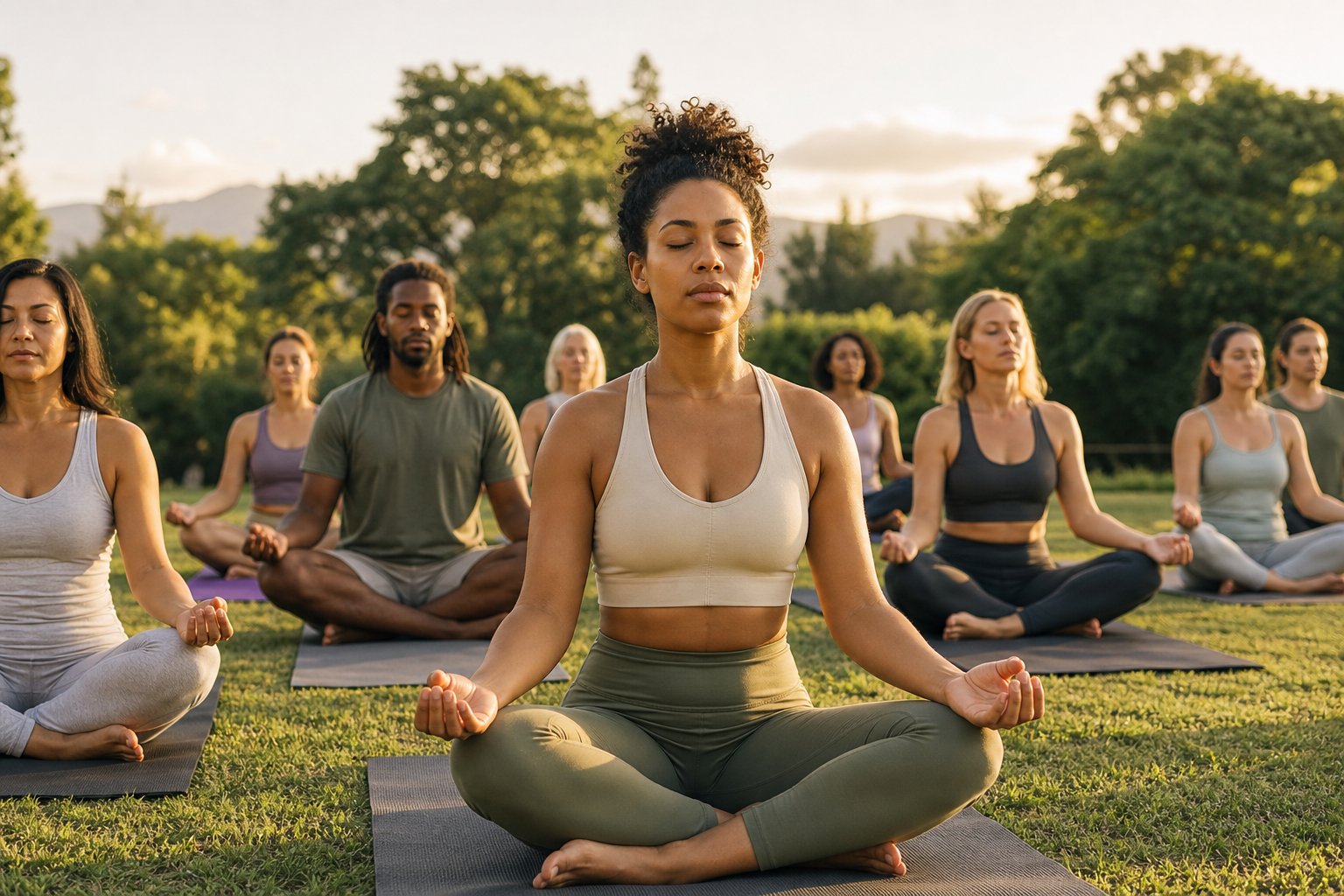 A group of people sitting outdoors with eyes closed, practicing breathwork in a peaceful natural setting.
