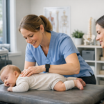 Healthcare professional gently examines a baby while a parent observes