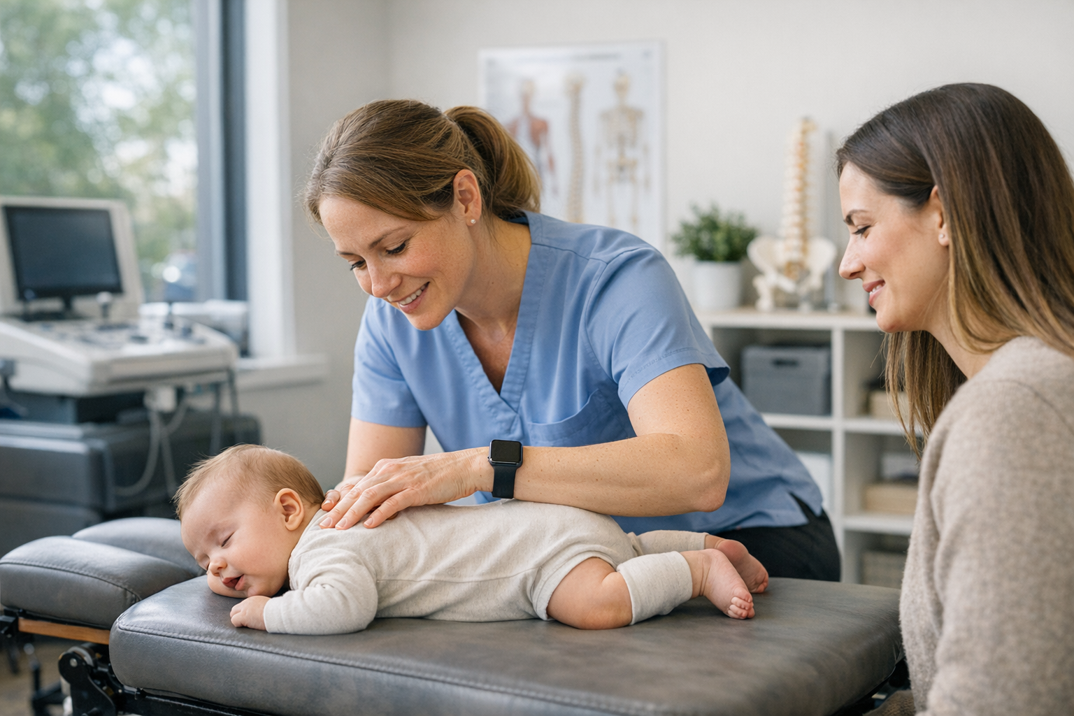 Healthcare professional gently examines a baby while a parent observes